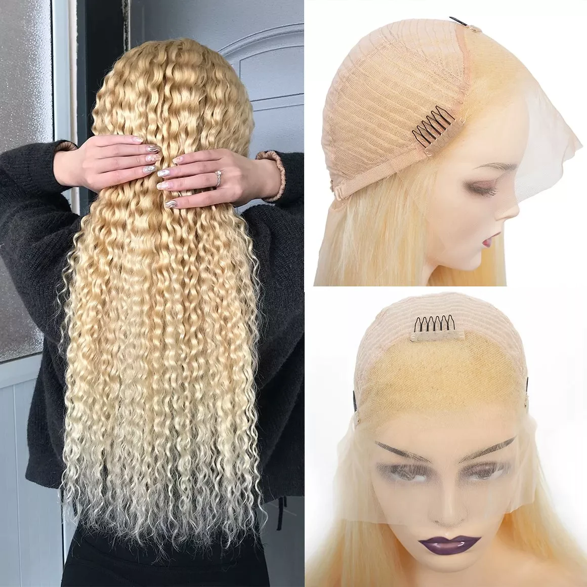 100% HUMAN HAIR 12A 613 Blonde 13x4 lace front wig Curly 200% Density Human hair with Pre Plucked with Baby Hair
