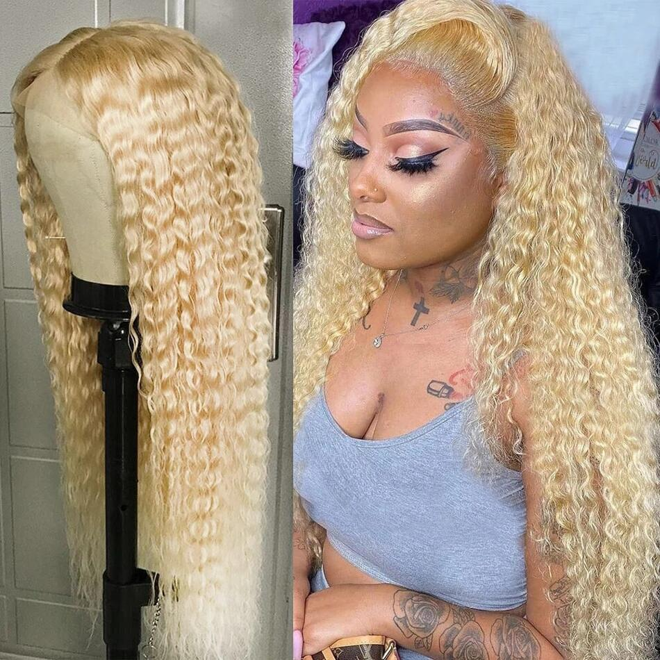 100% HUMAN HAIR 12A 613 Blonde 13x4 lace front wig Curly 200% Density Human hair with Pre Plucked with Baby Hair