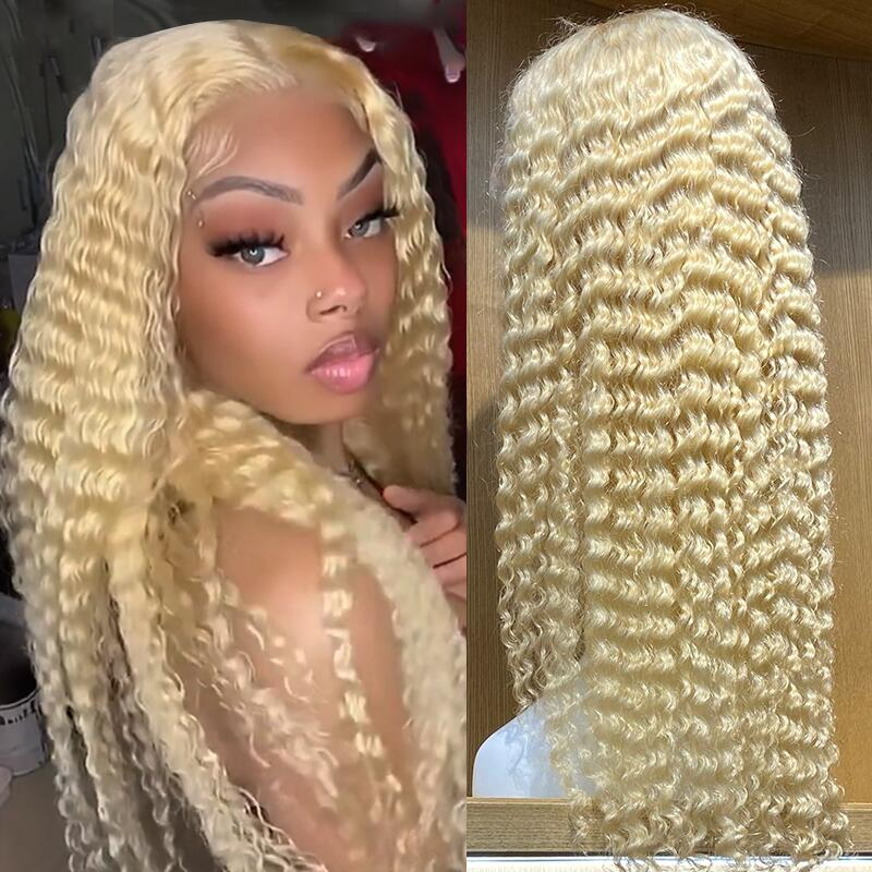 100% HUMAN HAIR 12A 613 Blonde 13x4 lace front wig Curly 200% Density Human hair with Pre Plucked with Baby Hair
