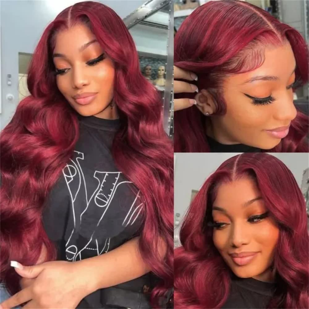 100% HUMAN HAIR 13x4 Body Wave 99j Transparent Lace Frontal Wigs 200% density