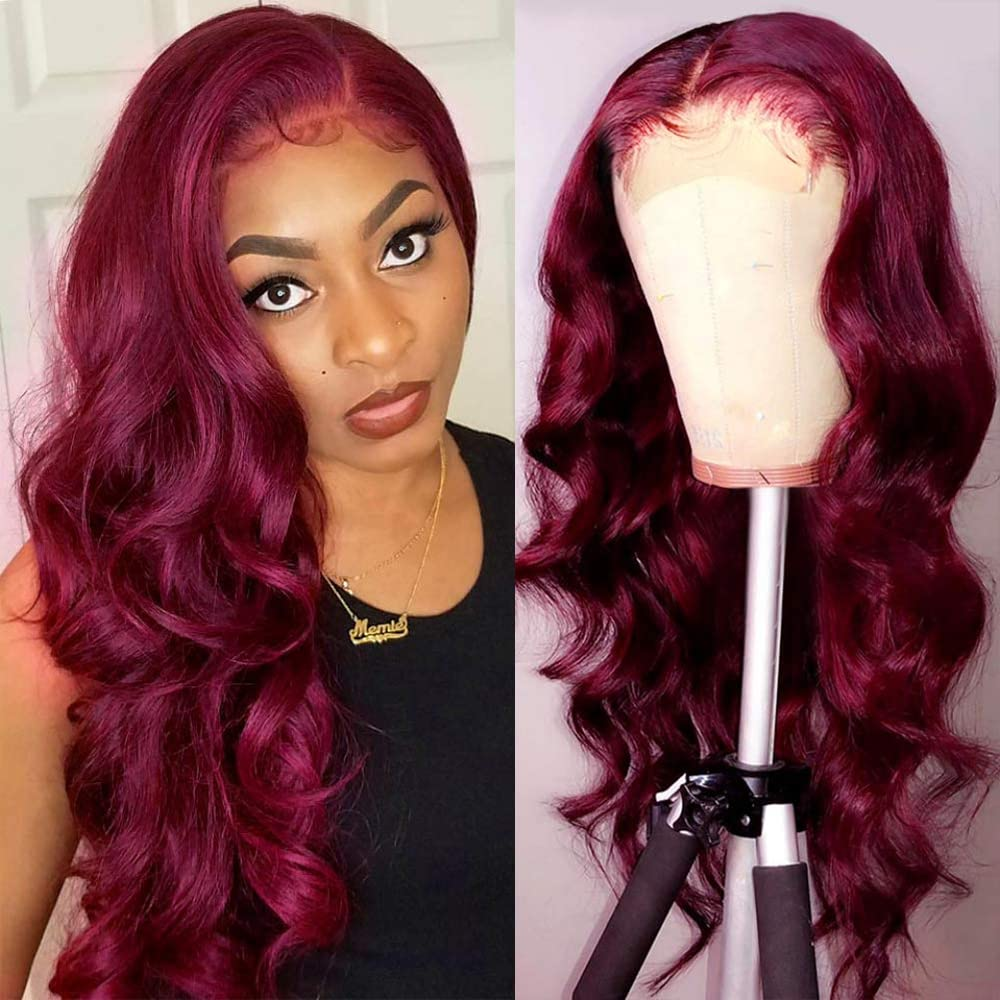 100% HUMAN HAIR 13x4 Body Wave 99j Transparent Lace Frontal Wigs 200% density