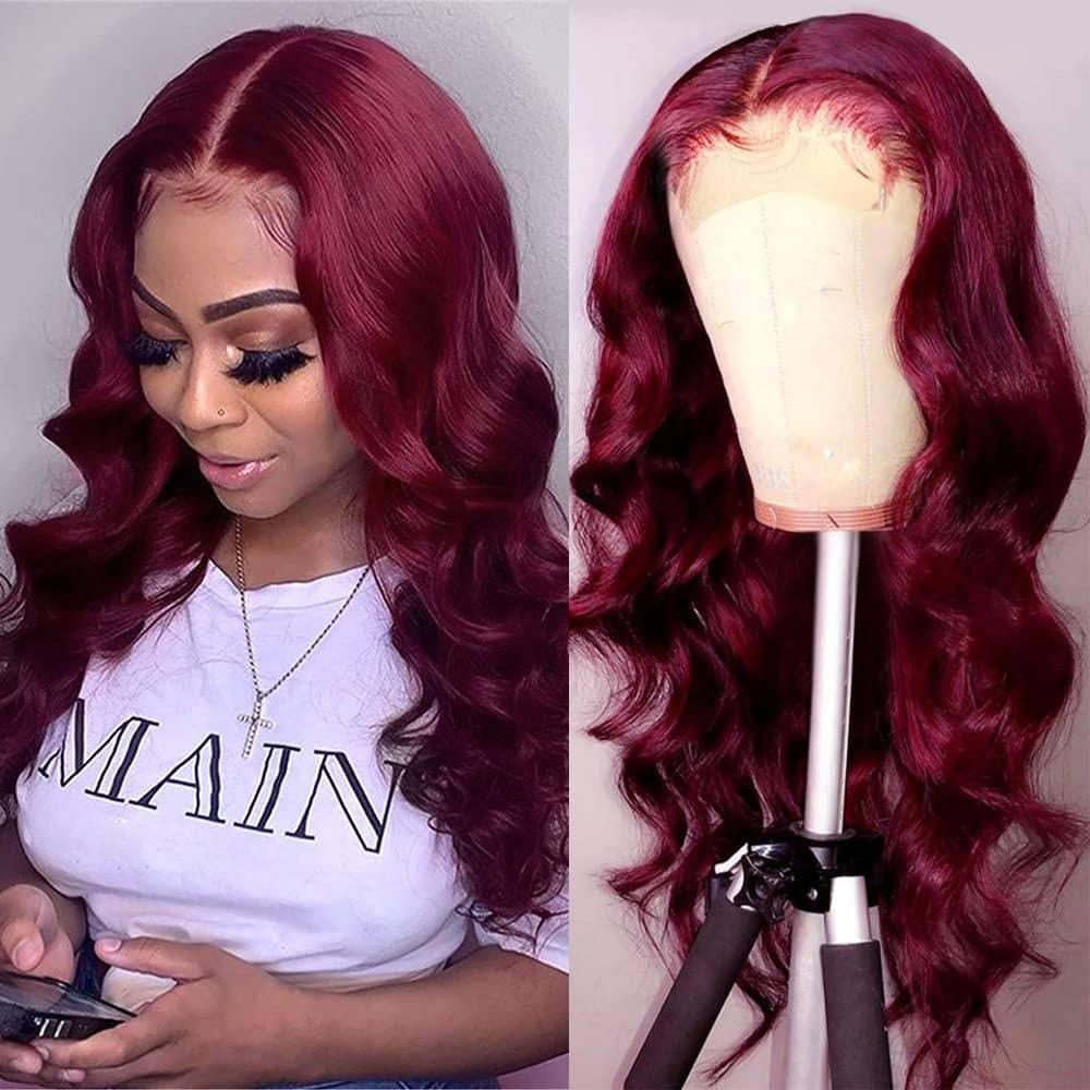 100% HUMAN HAIR 13x4 Body Wave 99j Transparent Lace Frontal Wigs 200% density