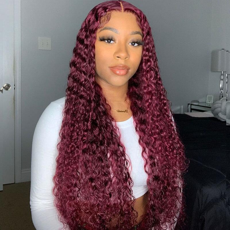 100% HUMAN HAIR Curly 99j 13x4 Transparent Lace Frontal wig 200%