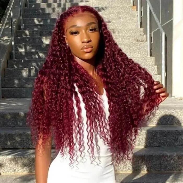 100% HUMAN HAIR Curly 99j 13x4 Transparent Lace Frontal wig 200%