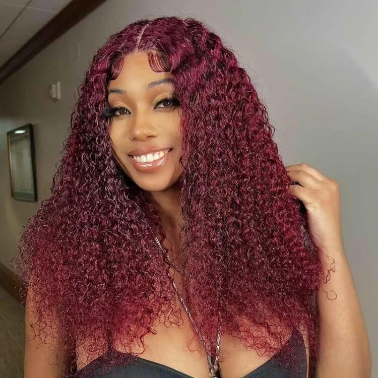 100% HUMAN HAIR Curly 99j 13x4 Transparent Lace Frontal wig 200%