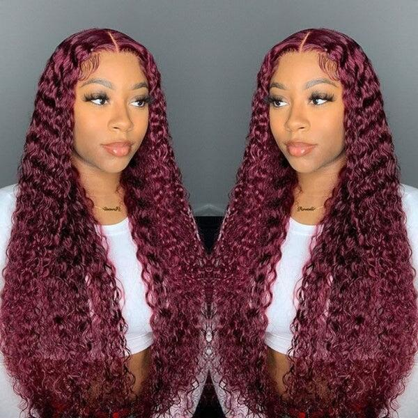 100% HUMAN HAIR Curly 99j 13x4 Transparent Lace Frontal wig 200%