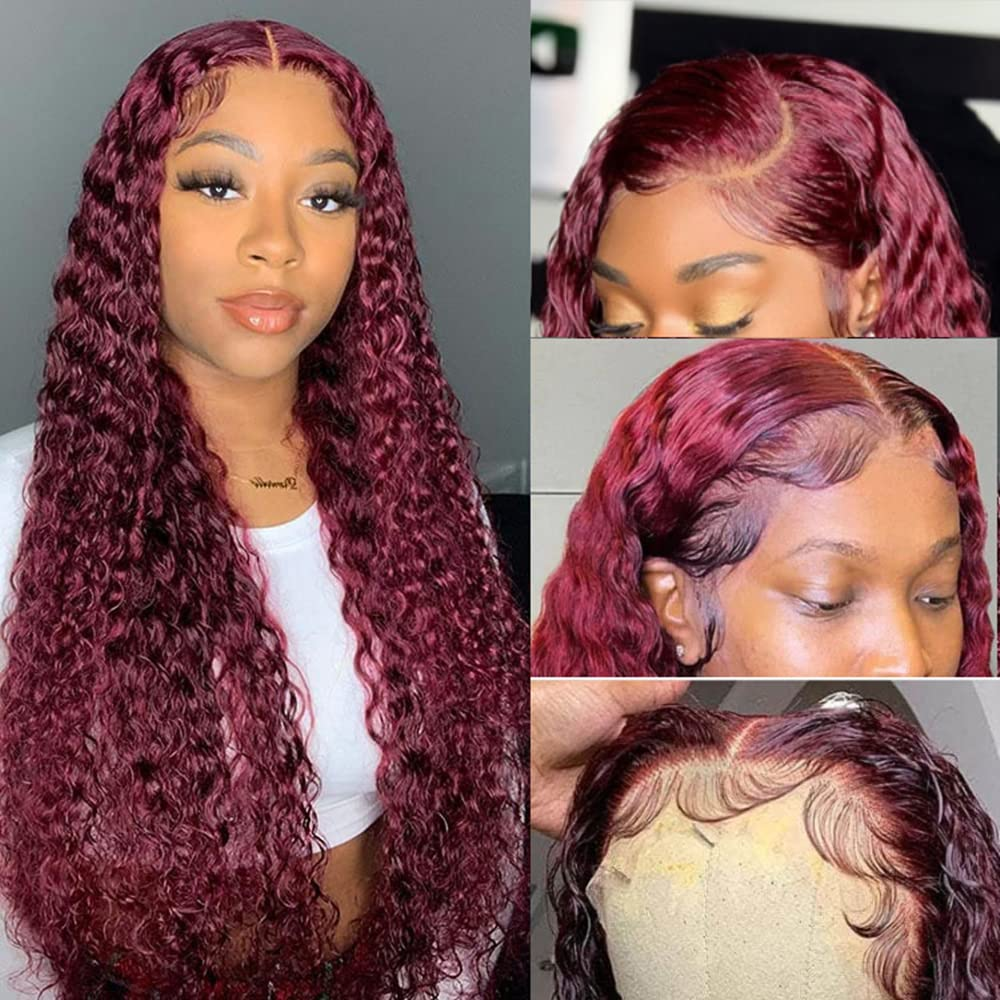100% HUMAN HAIR Curly 99j 13x4 Transparent Lace Frontal wig 200%