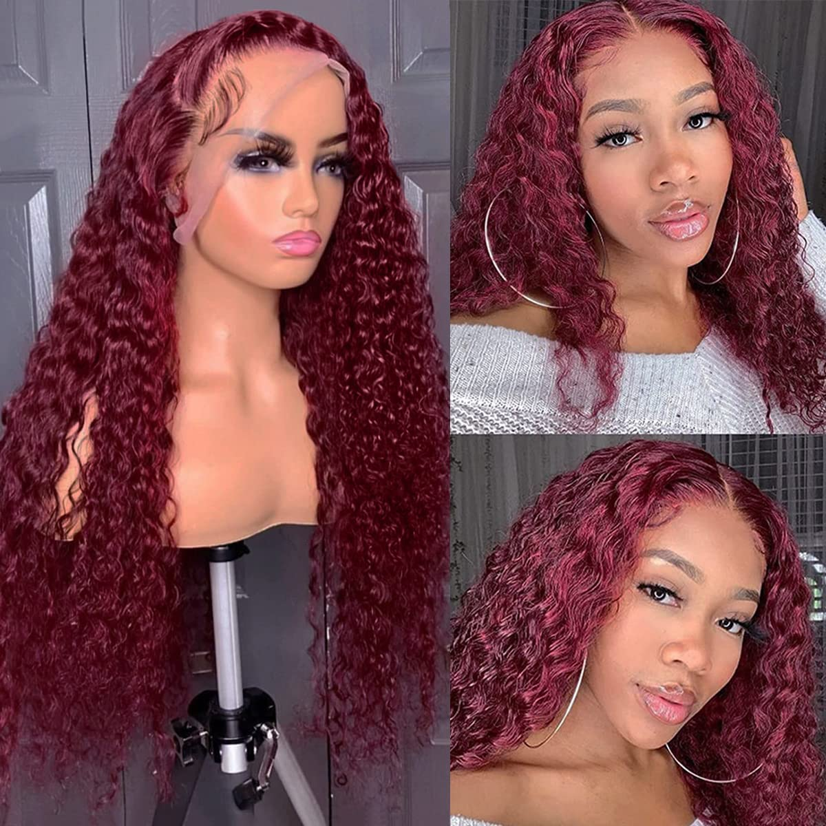 100% HUMAN HAIR Curly 99j 13x4 Transparent Lace Frontal wig 200%