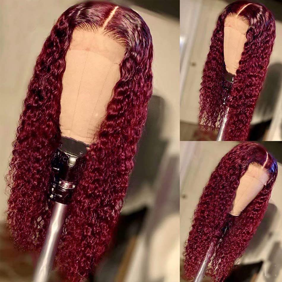 100% HUMAN HAIR Curly 99j 13x4 Transparent Lace Frontal wig 200%