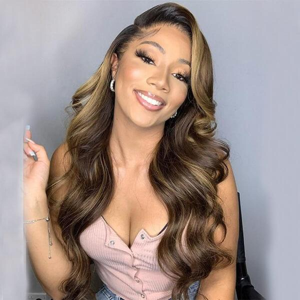 100% HUMAN HAIR Body Wave Highlight 13x4 Transparent Lace Frontal wig 200%