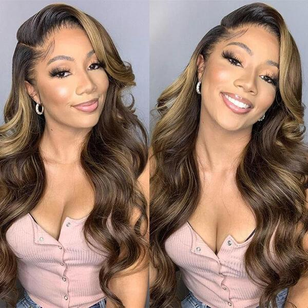 100% HUMAN HAIR Body Wave Highlight 13x4 Transparent Lace Frontal wig 200%