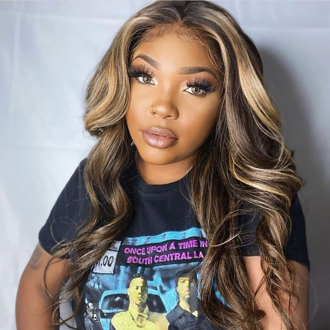 100% HUMAN HAIR Body Wave Highlight 13x4 Transparent Lace Frontal wig 200%