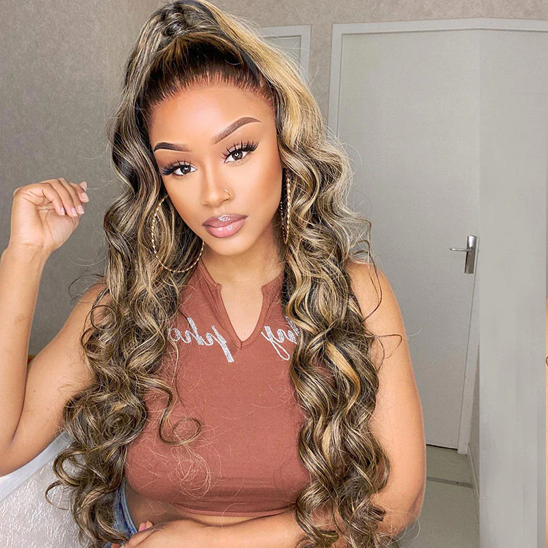 100% HUMAN HAIR Body Wave Highlight 13x4 Transparent Lace Frontal wig 200%