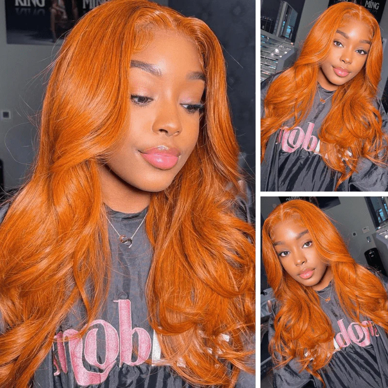 100% HUMAN HAIR 13x4 Body Wave Ginger Transparent Lace Frontal Wigs 200% density