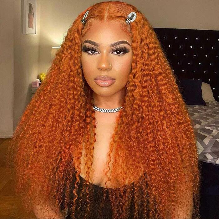 100% HUMAN HAIR Curly Ginger 13x4 Transparent Lace Frontal wig 200%