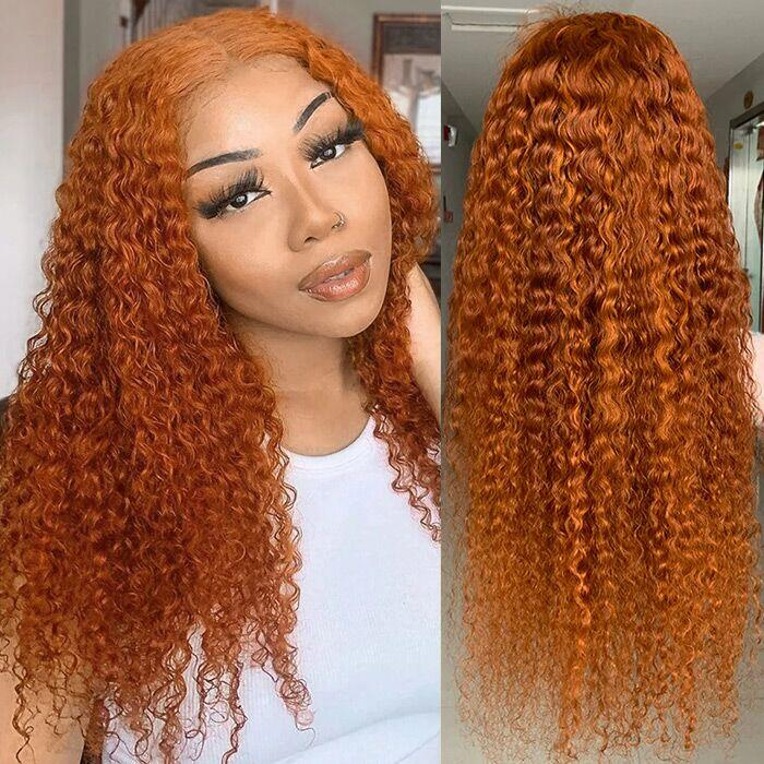 100% HUMAN HAIR Curly Ginger 13x4 Transparent Lace Frontal wig 200%