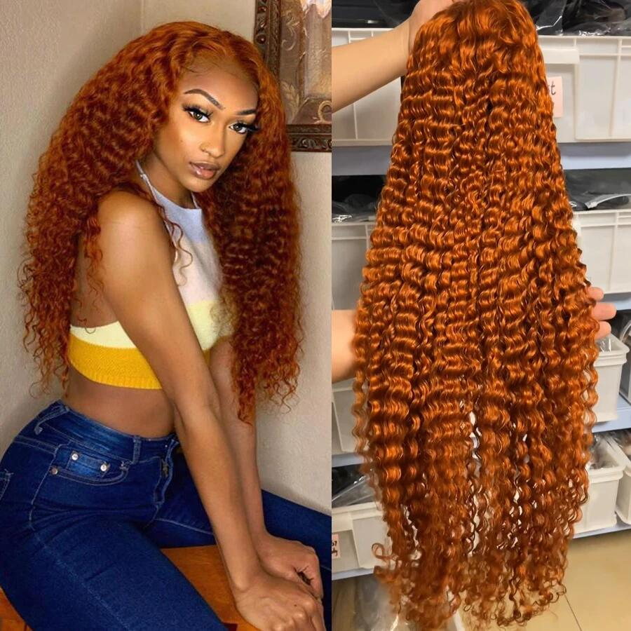 100% HUMAN HAIR Curly Ginger 13x4 Transparent Lace Frontal wig 200%