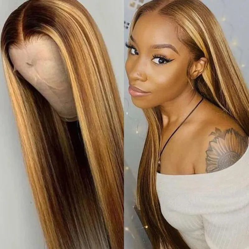 100% HUMAN HAIR Straight Highlight 13x4 Transparent Lace Frontal wig 200%