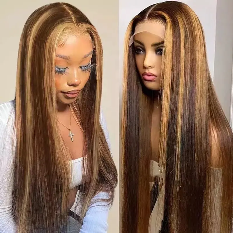 100% HUMAN HAIR Straight Highlight 13x4 Transparent Lace Frontal wig 200%
