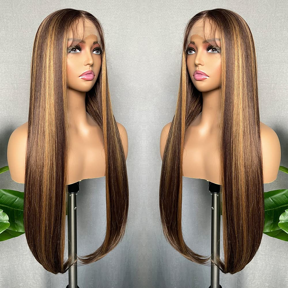 100% HUMAN HAIR Straight Highlight 13x4 Transparent Lace Frontal wig 200%