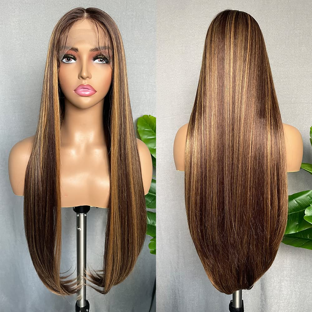 100% HUMAN HAIR Straight Highlight 13x4 Transparent Lace Frontal wig 200%