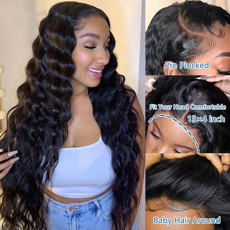 100% HUMAN HAIR 13x4 Loose Wave Natural Transparent Lace Frontal Wigs 200% density