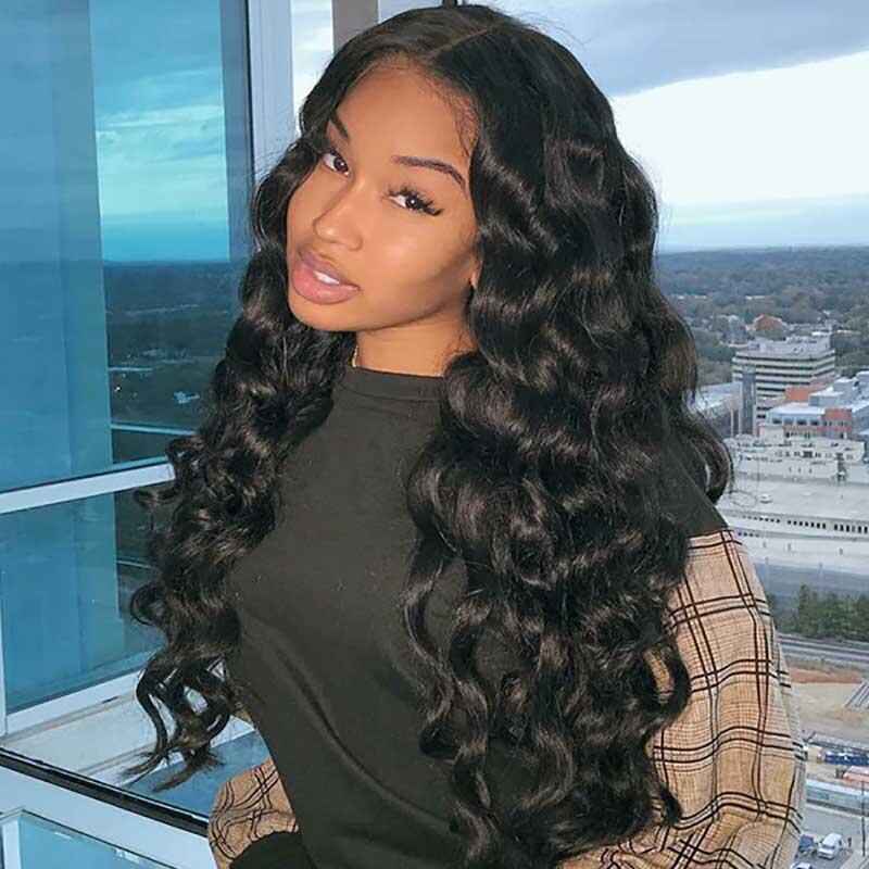 100% HUMAN HAIR 13x4 Loose Wave Natural Transparent Lace Frontal Wigs 200% density