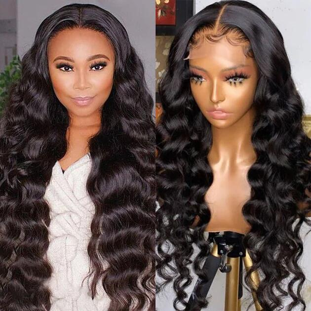 100% HUMAN HAIR 13x4 Loose Wave Natural Transparent Lace Frontal Wigs 200% density