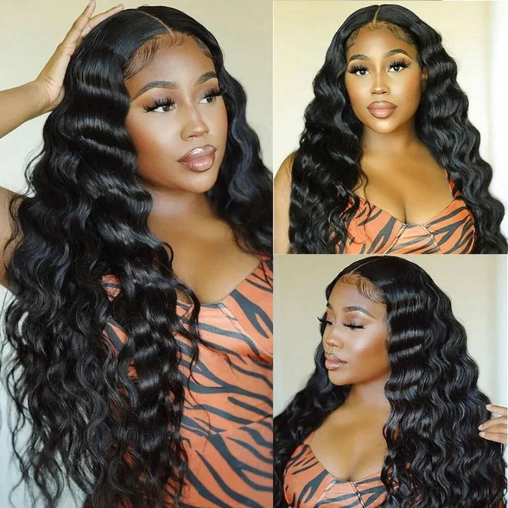 100% HUMAN HAIR 13x4 Loose Wave Natural Transparent Lace Frontal Wigs 200% density