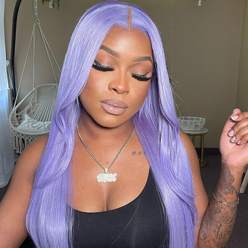 100% HUMAN HAIR Straight Purple 13x4 Transparent Lace Frontal wig 200%