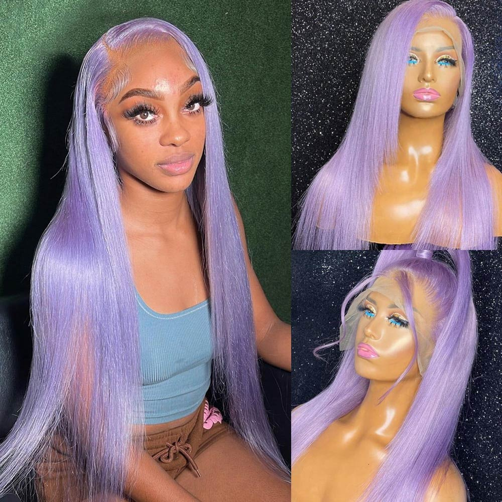 100% HUMAN HAIR Straight Purple 13x4 Transparent Lace Frontal wig 200%