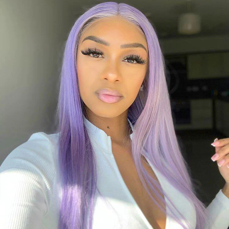 100% HUMAN HAIR Straight Purple 13x4 Transparent Lace Frontal wig 200%