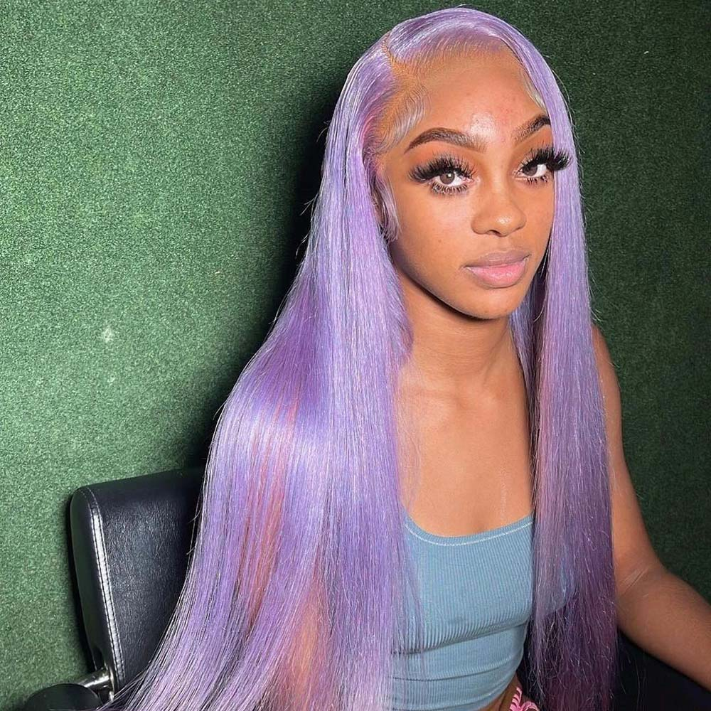 100% HUMAN HAIR Straight Purple 13x4 Transparent Lace Frontal wig 200%