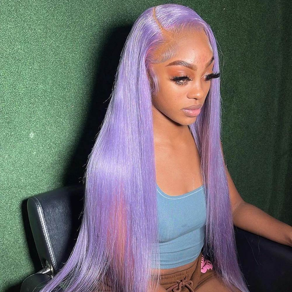 100% HUMAN HAIR Straight Purple 13x4 Transparent Lace Frontal wig 200%