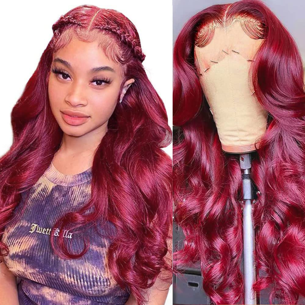 100% HUMAN HAIR 13x4 Body Wave 99j Transparent Lace Frontal Wigs 200% density