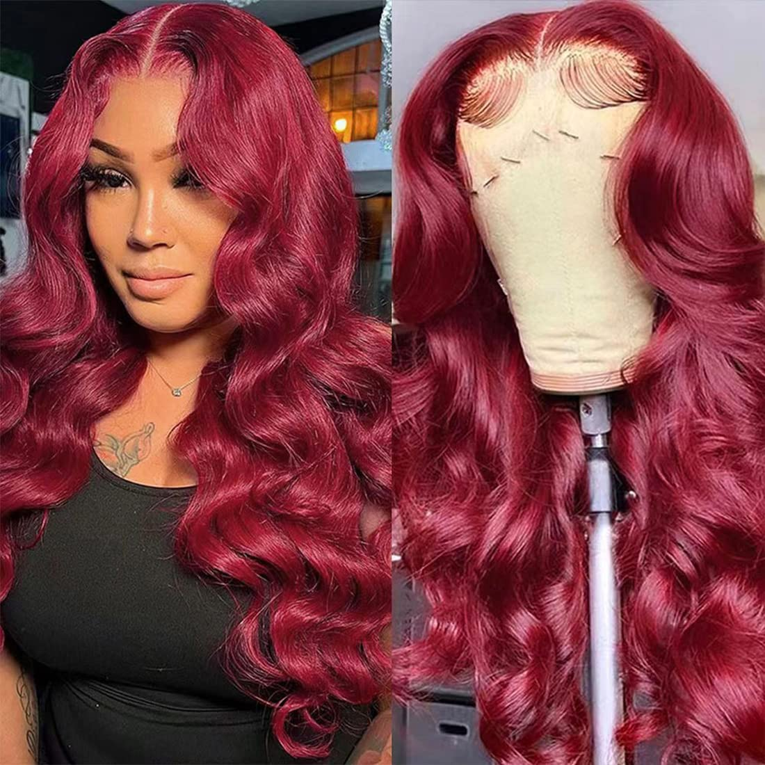 100% HUMAN HAIR 13x4 Body Wave 99j Transparent Lace Frontal Wigs 200% density
