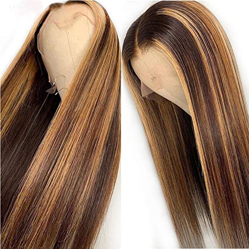 100% HUMAN HAIR Straight Highlight 13x4 Transparent Lace Frontal wig 200%