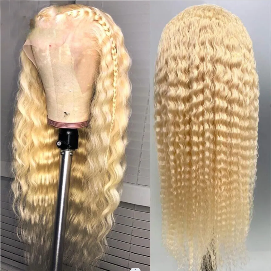 100% HUMAN HAIR 12A 613 Blonde 13x4 lace front wig  Curly   200% Density Human hair with Pre Plucked with Baby Hair