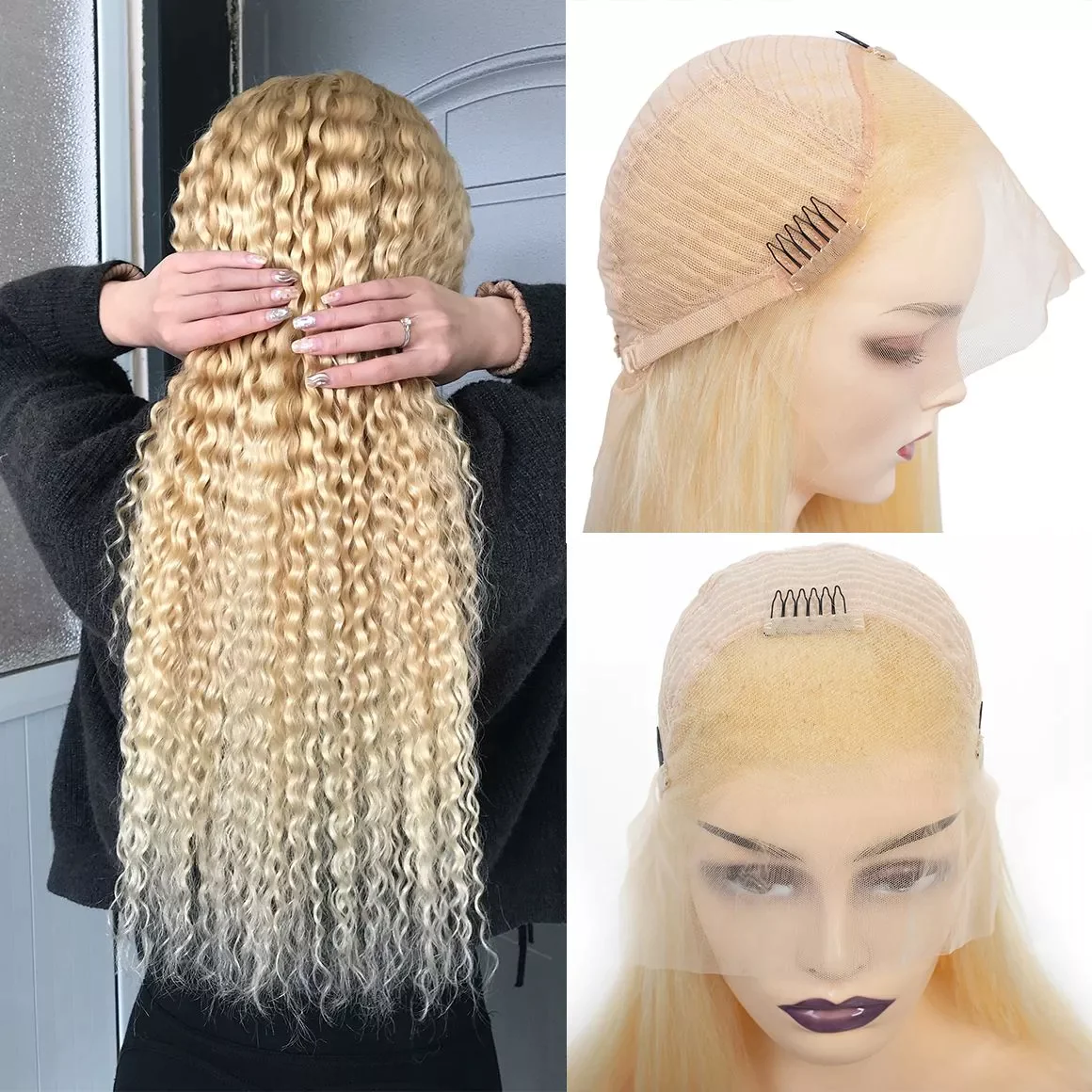 100% HUMAN HAIR 12A 613 Blonde 13x4 lace front wig  Curly   200% Density Human hair with Pre Plucked with Baby Hair