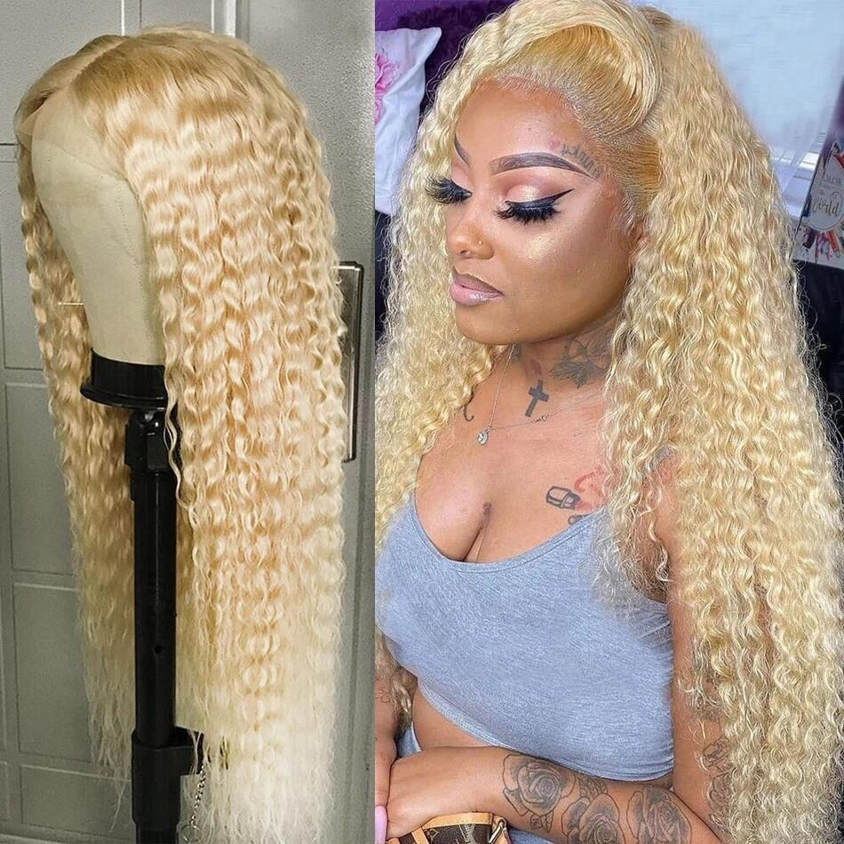 100% HUMAN HAIR 12A 613 Blonde 13x4 lace front wig  Curly   200% Density Human hair with Pre Plucked with Baby Hair