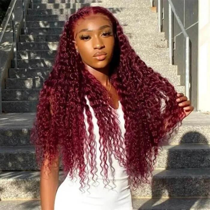 100% HUMAN HAIR  Curly 99j 13x4 Transparent Lace  Frontal wig 200%