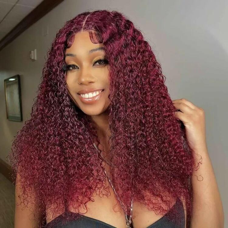 100% HUMAN HAIR  Curly 99j 13x4 Transparent Lace  Frontal wig 200%