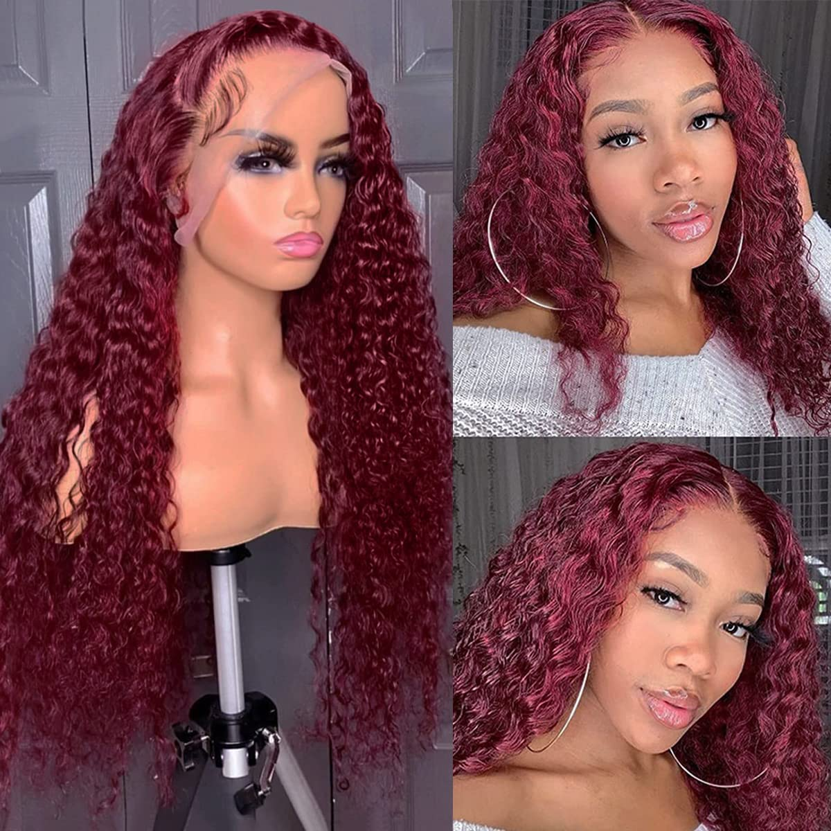 100% HUMAN HAIR  Curly 99j 13x4 Transparent Lace  Frontal wig 200%